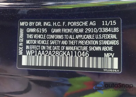 2016 Porsche Cayenne z USA, uszkodzony, nr VIN WP1AA2A28GKA11046